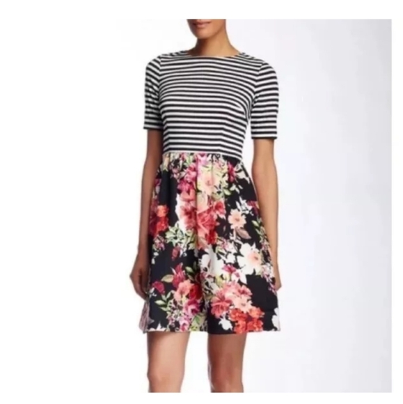 Eliza J size 14 Striped and Floral Mixed Media Scuba Ruffle Dress Brand New! - Picture 2 of 9